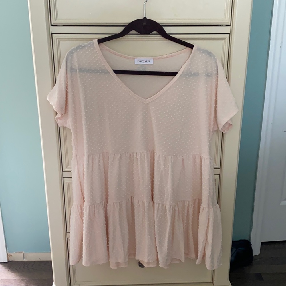 Light pink Swiss dot tiered maternity top
